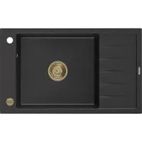 Mexen Elias lavello in granito con 1 vasca e gocciolatoio 795 x 480 mm, nero/argento metallico, sifone dorato - 6511791005-73-G