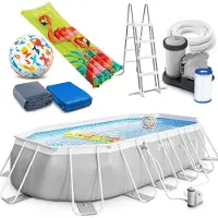 Intex Piscina ovale Prism Frame 610x305x122 cm: set completo con scaletta e pompa, oltre ad accessori extra quali: pallone da spiaggia e materassino gonfiabile