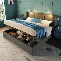 Flieks Letto imbottito 180x200 cm con rete a doghe, letto boxspring con luce di lettura e funzione di contenimento, letto matrimoniale con contenitore, letto funzionale, lino, grigio