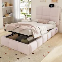 Merax Letto per bambini imbottito 90x200 con contenitore idraulico, letto singolo con testiera dotata di luci LED e porta USB, letto grande per ragazzi con rete a doghe, rosa vellutato