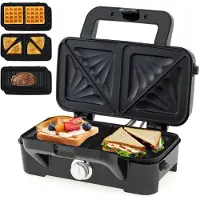 Costway Grill panini press e tostapane con piastre antiaderenti rimovibili con spie indicatrici, Set 3 in 1 ferro da stiro per waffle Nero