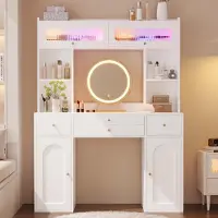 Youjia Comò da trucco con luci a LED e specchio, dotato di 4 cassetti, 4 ripiani aperti, 2 vani portaoggetti integrati e 2 ante in vetro con spazio contenitivo