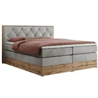 MKS Meble Letto continentale boxspring VENETO KING combinazione di legno e tessuto - 180x200 cm - Multipocket H4|Grigio chiaro Velluto - Topper T25