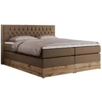 MKS Meble Letto continentale Boxspring AMORE KING con contenitore - 160x200 cm - Materasso H4 - Ecopelle marrone - Topper T25