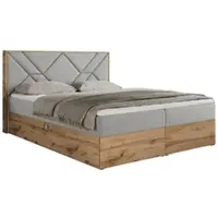 MKS Meble Letto boxspring 180x200 con contenitore, letto imbottito 180x200 con materasso H4, letto boxspring 180x200 con testiera, letto boxspring in legno massello - Gunar - Grigio chiaro strutturato - H4
