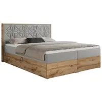 MKS Meble Letto boxspring 160x200 con contenitore, letto imbottito 160x200 con materasso H4, letto boxspring 160x200 con testiera, letto boxspring in legno massello - Nessi - Grigio chiaro testurizzato - H4