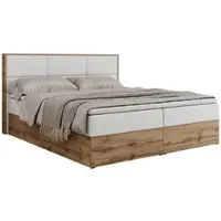 MKS Meble Letto con boxspring, matrimoniale con contenitore e materasso a multipocket, letto imbottito con testiera, struttura in legno di quercia - Albero-2 - 200x200 cm - Bianco, rivestito in ecopelle - H3