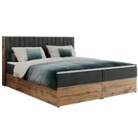 MKS Meble Letto boxspring, due cassetti portaoggetti, set completo con materasso e coprimaterasso - Albero-4 - 160x200 cm - Grigio scuro testurizzato - H4