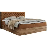 MKS Meble Letto boxspring, decorativo, matrimoniale, letto imbottito con cassetti e materasso Multipocket, struttura in rovere Wotan - Albero-3 - 180x200 cm - Struttura arancione - H3