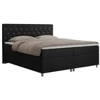 MKS Meble Letto boxspring 140x200 con contenitore, letto boxspring 140x200 con materasso, letto matrimoniale con materasso e topper - Letto imbottito con testiera - ROMA - 140x200 - Nero - Ecopelle - H3