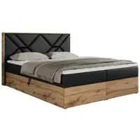 MKS Meble Letto boxspring 160x200 con contenitore, letto imbottito 160x200 con materasso H4, letto boxspring 160x200 con testiera, letto boxspring in legno massello - Gunar - Ecopelle nera - H4