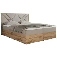 MKS Meble Letto boxspring 200x200 con contenitore, letto imbottito 200x200 con materasso H3, letto boxspring 200x200 con testiera, letto boxspring in legno massello - Gunar - Struttura beige - H3