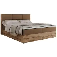 MKS Meble Letto boxspring, letto matrimoniale con contenitore e materasso a tasche multiple, letto imbottito con testiera, struttura in rovere - Albero-2 - 140x200 cm - Pelle finta marrone - H4