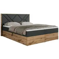 MKS Meble Letto boxspring 200x200 con contenitore, letto imbottito 200x200 con materasso H4, letto boxspring 200x200 con testiera, letto boxspring in legno massello - Gunar - Grigio scuro strutturato - H4