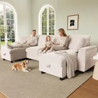 Merax Divano ad angolo a U a 4 posti, divano in ciniglia con 2 chaise longue, schienale ribaltabile, portabicchieri, contenitore per la biancheria da letto, vano portaoggetti, divano, beige