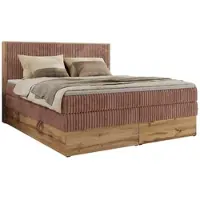 MKS Meble Letto continentale WOOD CLASSIC KING con due livelli di materassi Multipocket H3 - 180x200 cm - Velluto a coste Rosa chiaro - Topper T25