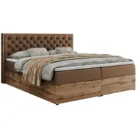 MKS Meble Letto boxspring, decorativo, matrimoniale, letto imbottito con cassetti e materasso Multipocket, struttura in rovere Wotan - Albero-3 - 120x200 cm - Pelle finta marrone - H3
