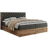MKS Meble Letto boxspring, decorativo, letto matrimoniale, letto imbottito con cassetti e materasso Multipocket, struttura in rovere Wotan - Albero-3 - 160x200 cm - Pelle finta grigio scuro - H3