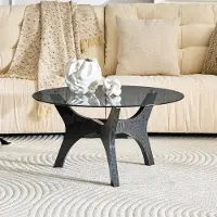 OKWISH Tavolino con struttura in legno, tavolino rotondo da salotto con piano in vetro, tavolino in stile moderno, per il soggiorno, colore nero