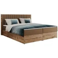 MKS Meble Letto boxspring, due cassetti portaoggetti, set completo con materasso e coprimaterasso - Albero-4 - 180x200 cm - Pelle finta marrone - H3