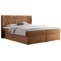 MKS Meble Letto matrimoniale con boxspring , 180x200 cm, completo di materasso H3, contenitore e topper. Letto imbottito 180x200 cm con testiera - modello Leila - struttura arancione - materasso H3