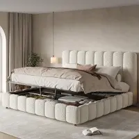 Flieks Letto idraulico imbottito 160x200 cm con rete a doghe, letto contenitore idraulico con testiera imbottita, letto matrimoniale in tessuto bouclé, bianco