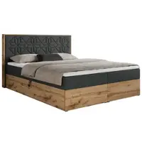 MKS Meble Letto boxspring 180x200 con contenitore, letto imbottito 180x200 con materasso H3, letto boxspring 180x200 con testiera, letto boxspring in legno massello - Nessi - Grigio scuro testurizzato - H3