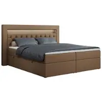 MKS Meble Letto boxspring 180x200 con LED, letto imbottito 180x200 con testiera a LED - Materasso Multipocket H4 - Letto matrimoniale con contenitore, GOLD-6 - 180x200 - Marrone - Pelle finta - Rigido (H4)