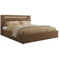 MKS Meble Letto imbottito matrimoniale con rete a doghe in legno GOLD 5 CLASSIC Cassettone Illuminazione a LED Molla a gas Materasso in schiuma - MIRO LUX 180x200 - Marrone Ecopelle