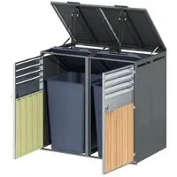 OKWISH Box per bidoni della spazzatura a due scomparti, coperchio ribaltabile idraulico, porte con serratura, griglie di ventilazione, per esterni, in acciaio grigio effetto legno