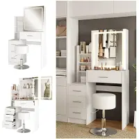 Vicco Tavolo da toilette Lisca Bianco 80 cm con specchio LED e sgabello, Model 50168