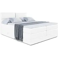 ALTDECOR Letto boxspring con 2 materassi e topper - 160x200 cm - BOXI3 KING - Pelle finta bianca - Letto imbottito con materassi H3 e H4, contenitore e rete a doghe, letto con spazio contenitivo
