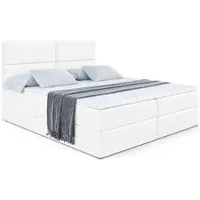 ALTDECOR Letto boxspring con materasso H4 e topper - 140 x 200 cm - AURA - Pelle finta bianca - Letto imbottito con contenitore e rete a doghe, letto con spazio contenitivo