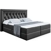 ALTDECOR Letto boxspring con materasso (altezza 20 cm) e topper (altezza 4 cm), letto imbottito con testiera e contenitore - NOEL - 200x200 - H4 / Pelle finta nera