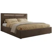 MKS Meble Letto imbottito matrimoniale con rete a doghe in legno GOLD 5 CLASSIC, contenitore, illuminazione a LED, molle a gas, materasso a tasche - VIRE LUX 140x200 - Marrone velluto
