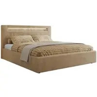 MKS Meble Letto imbottito matrimoniale con rete a doghe in legno GOLD 5 CLASSIC Contenitore Illuminazione a LED Molla a gas Materasso Pocket - VIRE LUX 160x200 - Beige Plüsch