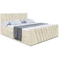 ALTDECOR Letto boxspring con pediera, materasso H4 e topper - 140x200 cm - ERNINA-Z - Velluto beige - Letto imbottito con contenitore e rete a doghe, letto con spazio di stivaggio