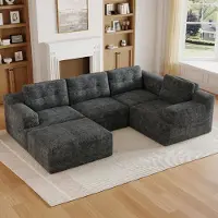 Merax Divano angolare modulare a U a 5 posti, divano componibile senza telaio con pouf, divano a L in schiuma integrale, divano in ciniglia, divano, grigio