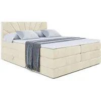 ALTDECOR Letto boxspring con 2 materassi e topper - 160x200 cm - MILTIO KING - Velluto beige - Letto imbottito con materassi H3 e H4, contenitore e rete a doghe, letto con spazio contenitivo