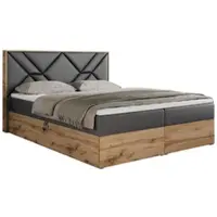 MKS Meble Letto boxspring 180x200 con contenitore, letto imbottito 180x200 con materasso H3, letto boxspring 180x200 con testiera, letto boxspring in legno massello - Gunar - Ecopelle grigio scuro - H3