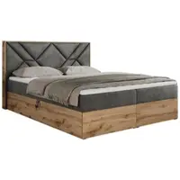 MKS Meble Letto boxspring 140x200 con contenitore, letto imbottito 140x200 con materasso H4, letto boxspring 140x200 con testiera, letto boxspring in legno massello - Gunar - Grigio scuro Velvet - H4