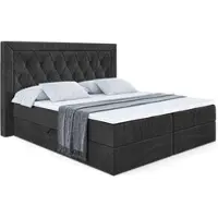 ALTDECOR Letto boxspring con materasso (altezza 20 cm) e topper (altezza 4 cm), letto imbottito con testiera e contenitore - NOEL - 180x200 - H3 / Velluto nero