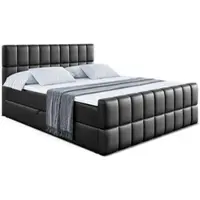 ALTDECOR Letto boxspring con pediera, materasso H4 e topper - 200x200 cm - MIAMI-Z - Pelle finta nera - Letto imbottito con contenitore e rete a doghe, letto con spazio contenitivo