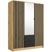 Meublorama Armadio TORVIK 3 porte con specchio, cassetti e listelli nero e quercia 150 cm