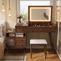 Merax Toeletta con specchio ribaltabile a LED con 3 tonalità di luce, tavolino da trucco 2 in 1, scrivania con sgabello, 3 cassetti, comò da trucco, noce