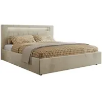 MKS Meble Letto imbottito matrimoniale con rete a doghe in legno GOLD 5 CLASSIC Cassettone Illuminazione a LED Molla a gas Materasso Pocket - VIRE LUX 160x200 - Beige Velvet