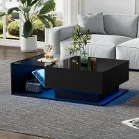 MODFU Tavolino da salotto LED lucido per soggiorno, camera da letto, tavolo contenitore rettangolare con piano in vetro e cassetti, nero