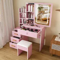 OKWISH Comò da trucco rosa di con poggiapiedi imbottito e cassetti, comò per il trucco con specchio e illuminazione, tavolino per cosmetici con ampio spazio di stoccaggio