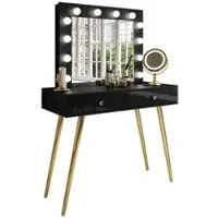 Lookway Tavolo da trucco SIENNA GOLD con cassetti su gambe dorate Oro cromato / Nero lucido, maniglia in cristallo