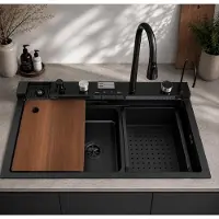 Faizee Home Lavello da cucina Nano: innovativo lavello da cucina color grafite, 75 x 46 cm, con rubinetteria